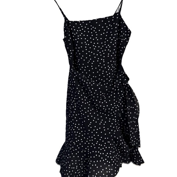 Princess Polly caesura wrap tie ruffled mini dress black and white polka dot - 2 - Picture 1 of 8
